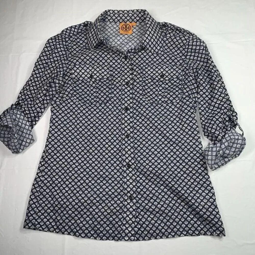 Tory Burch Blouse‎ Top Blue White Square Signature T Cotton Shirt Size 4